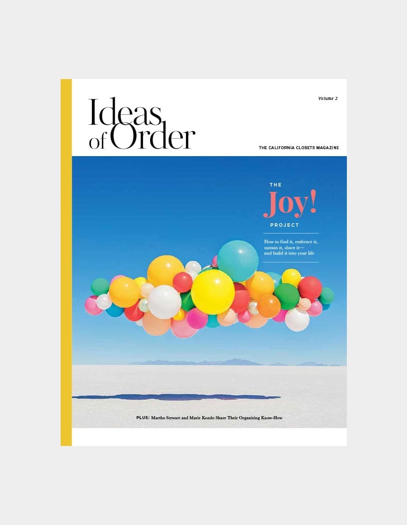 Cover of Ideas of Order Volume 2 magazine featuring colorful balloons in a blue sky with the title "The Joy! Project" and mentions of Martha Stewart and Marie Kondo