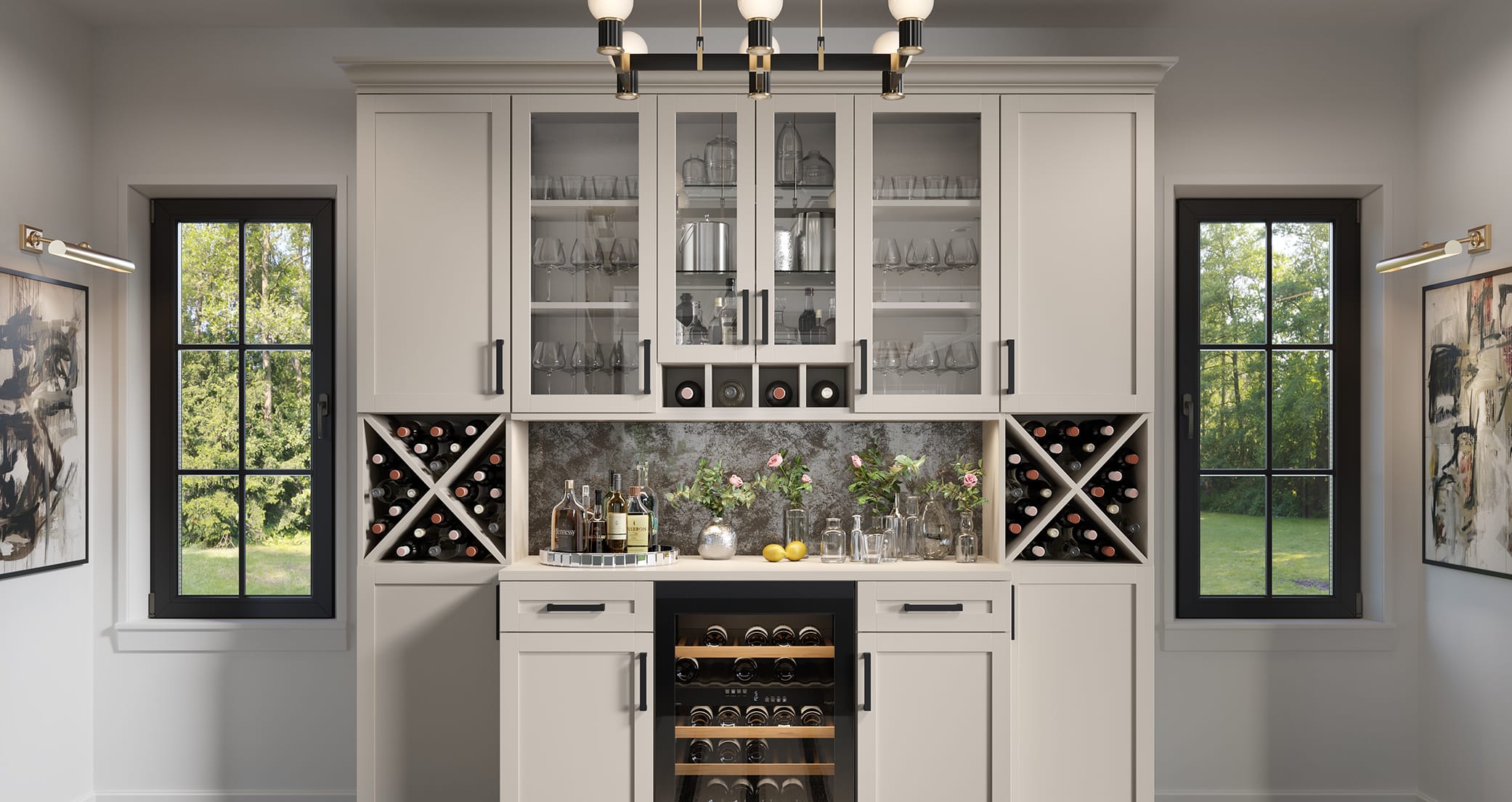 Wine and bar storage in the kitchen has custom cabinets, glass doors, LED lighting, and counter space by California Closets