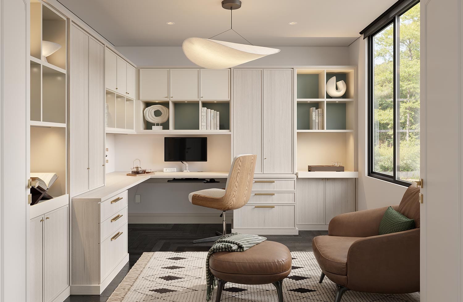 Modern office style with custom cabinets in a white finish by California Closets