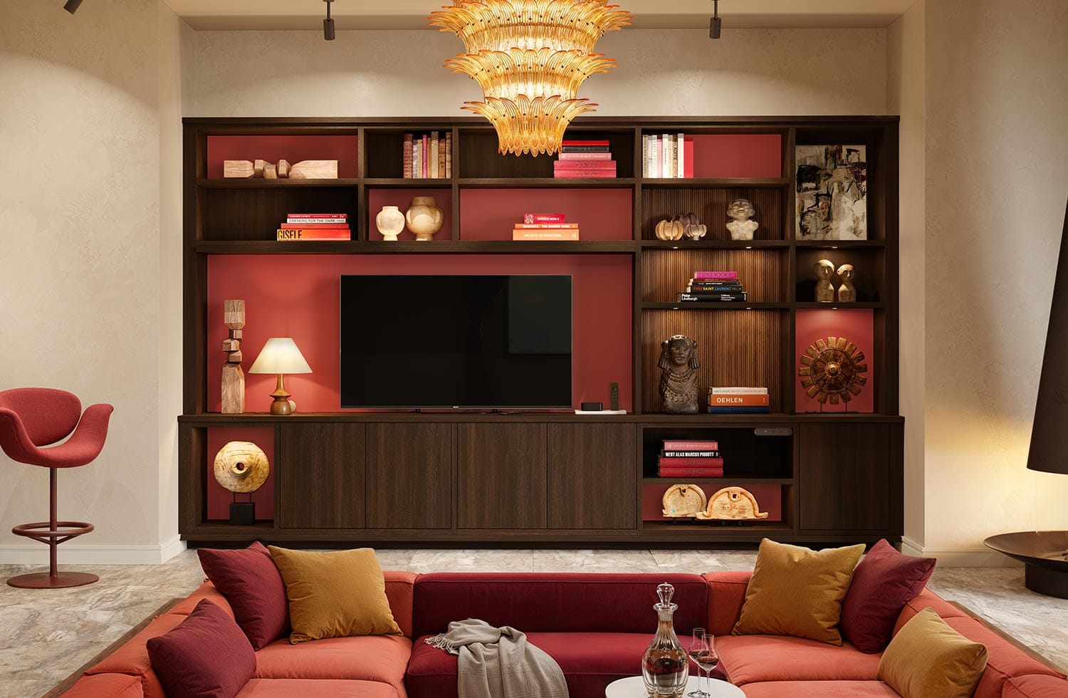Custom living room area turned in to an entertainment center with cabinet storage by California Closets