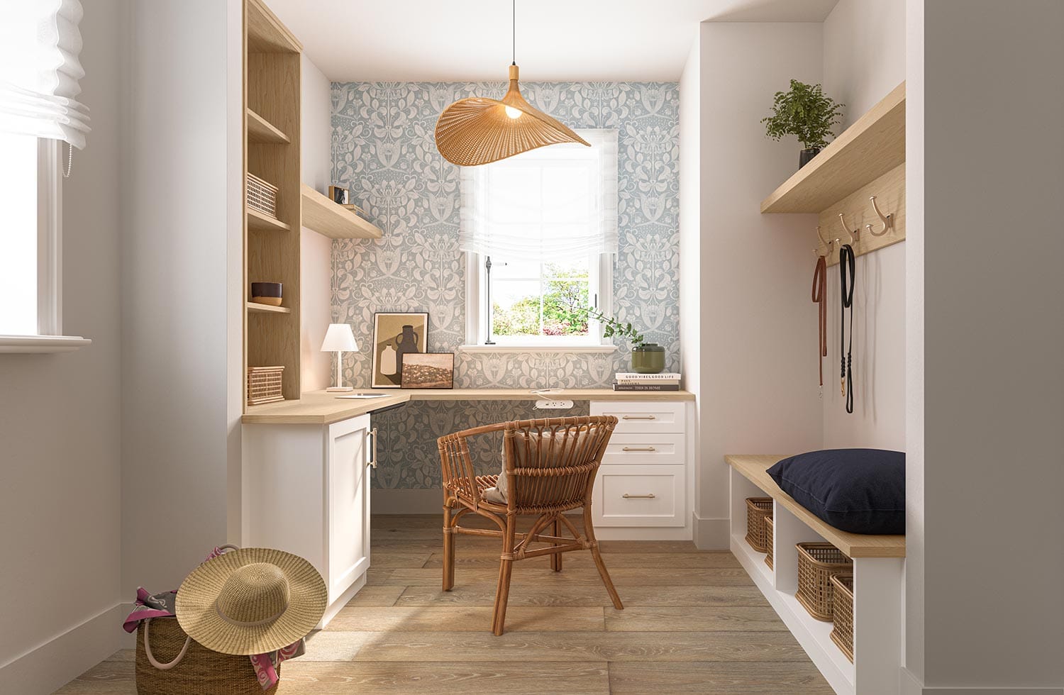 Custom entryway with home office design and built in desk by California Closets