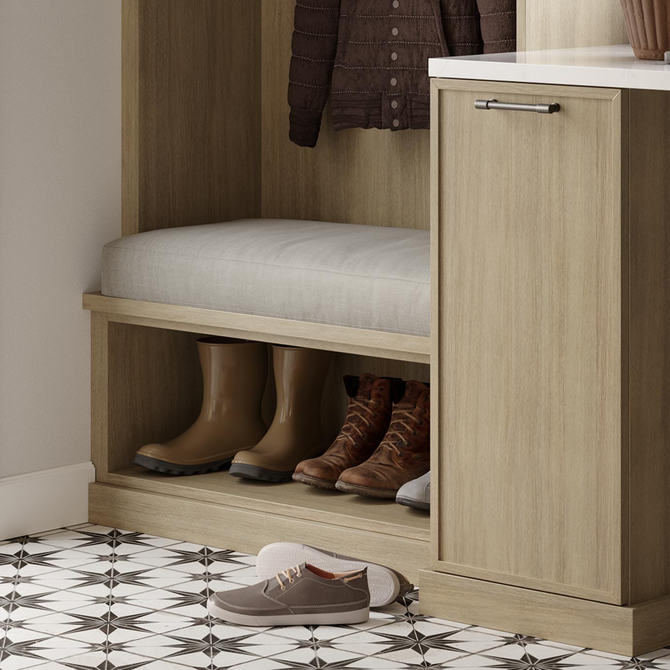 Mudroom shoe storage under bed design with bench seat by California Closets