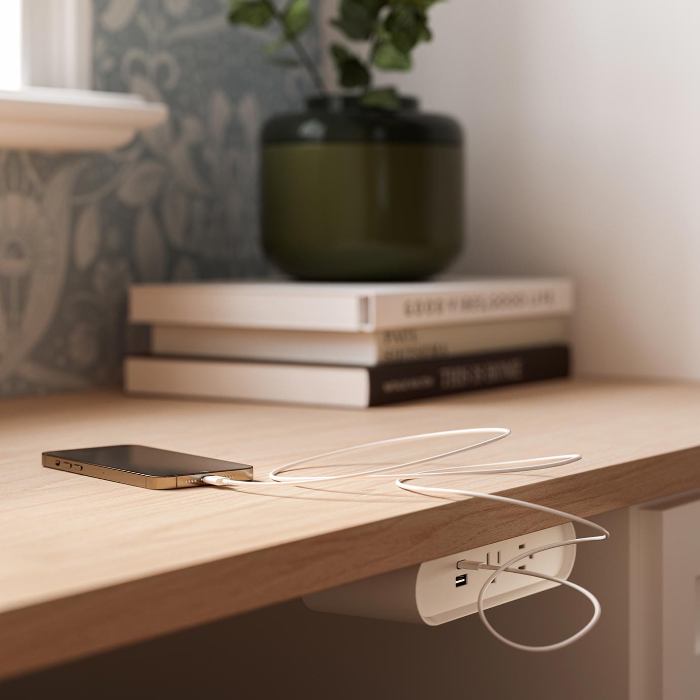 Power station charger built in under custom desk in home office by California Closets