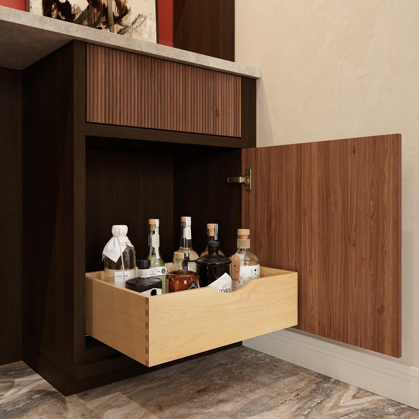 Pantry wine storage with pull out drawers custom made by California Closets