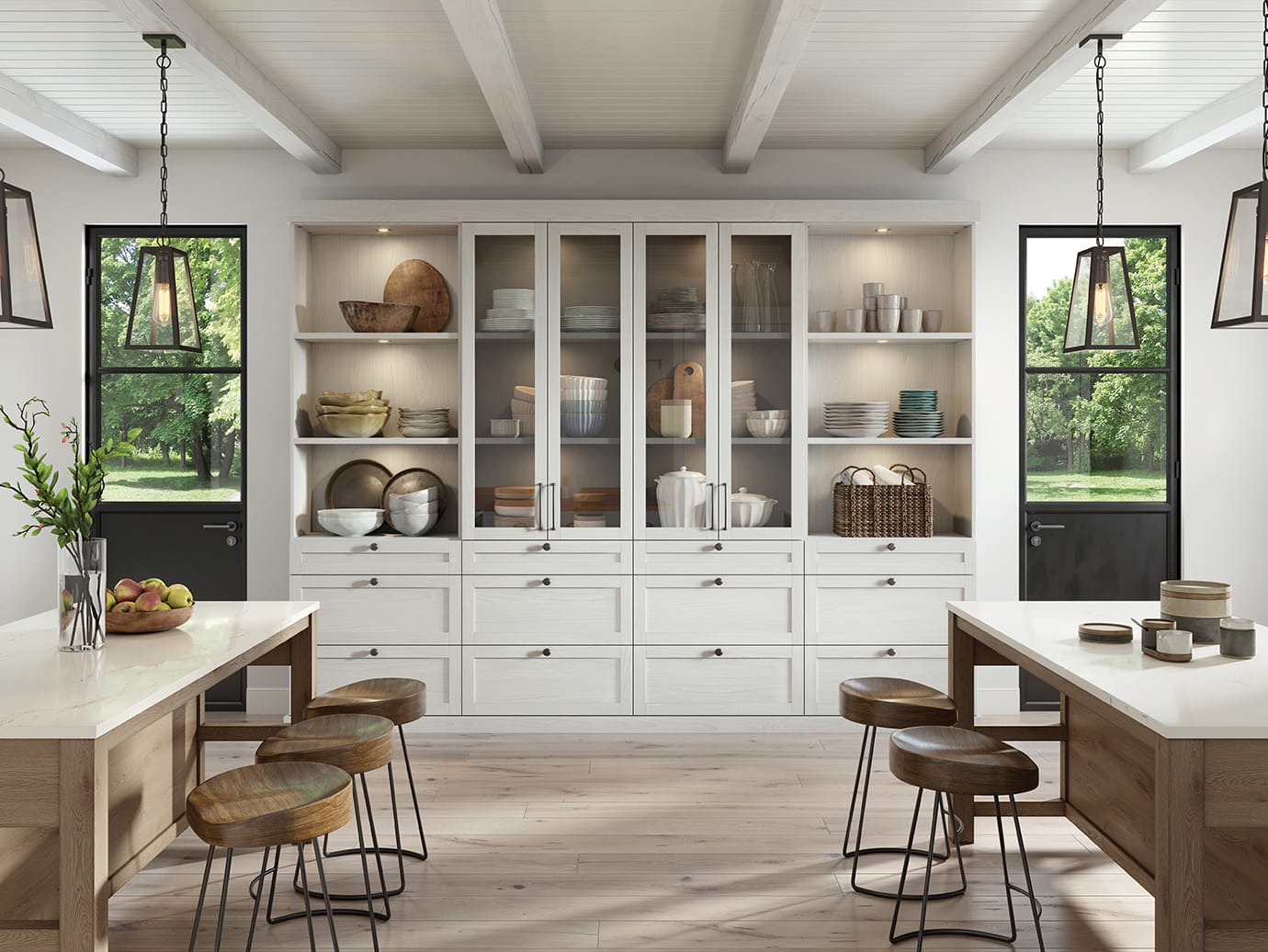 Kitchen pantry with custom lights, glass cabinets, and drawers in a white finish by California Closets