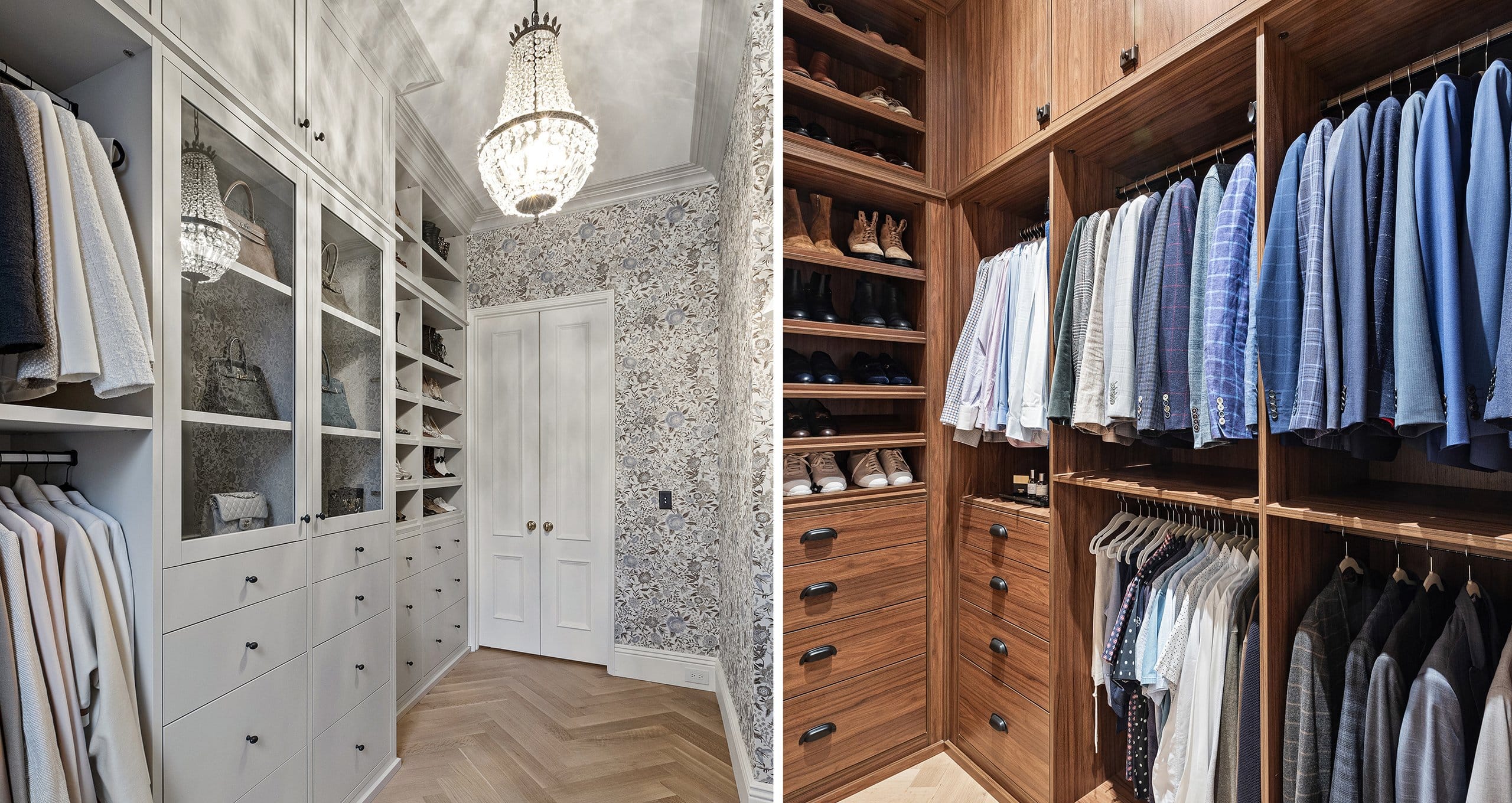 Dual walk in closet design for his and hers wardrobes in light and dark wood grain finishes by California Closets
