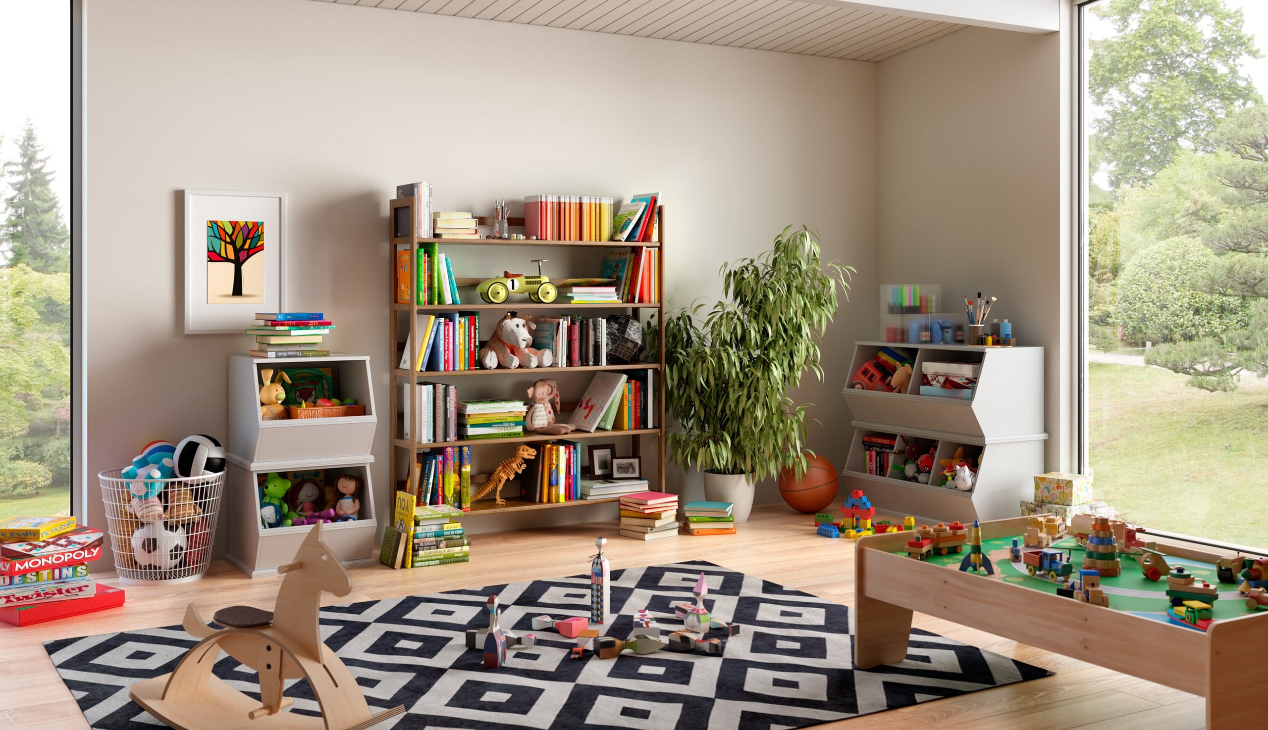 Playroom and family room is overcrowded with little storage systems to be added by California Closets